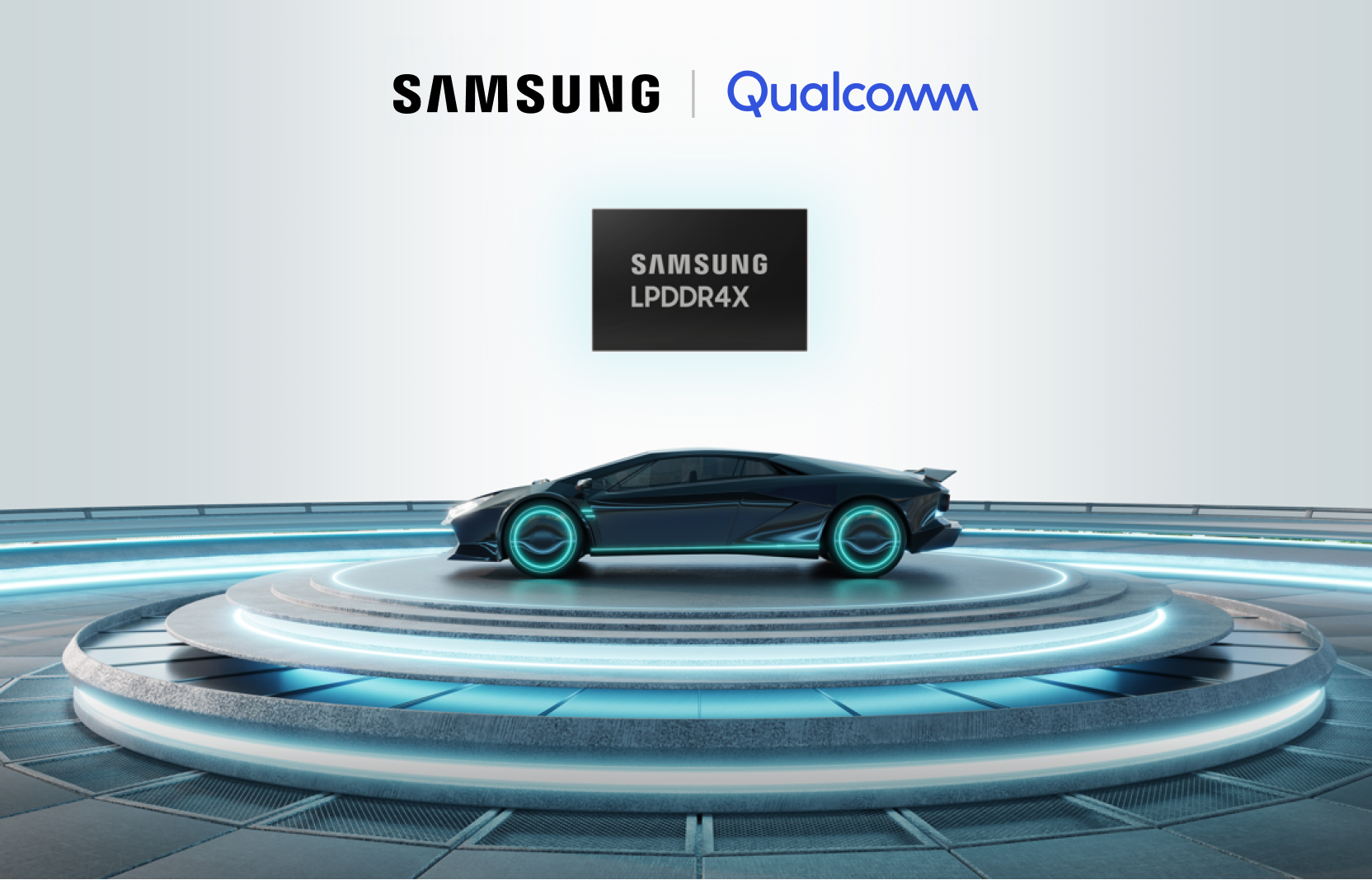 A futuristic car with glowing blue wheels displayed on a platform, with Samsung and Qualcomm logos and Samsung LPDDR4X.