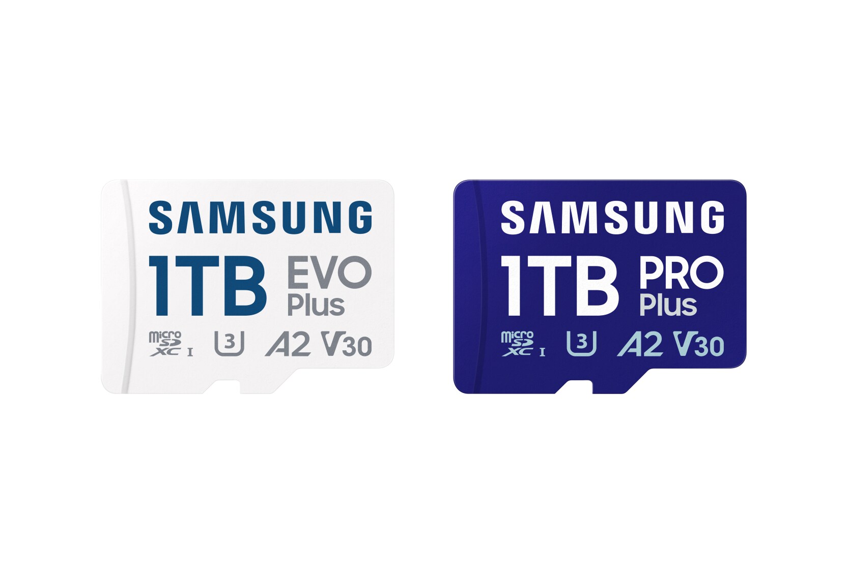 Samsung 1TB micro SD EVO Plu Memory card in white and PRO Plus in navy blue