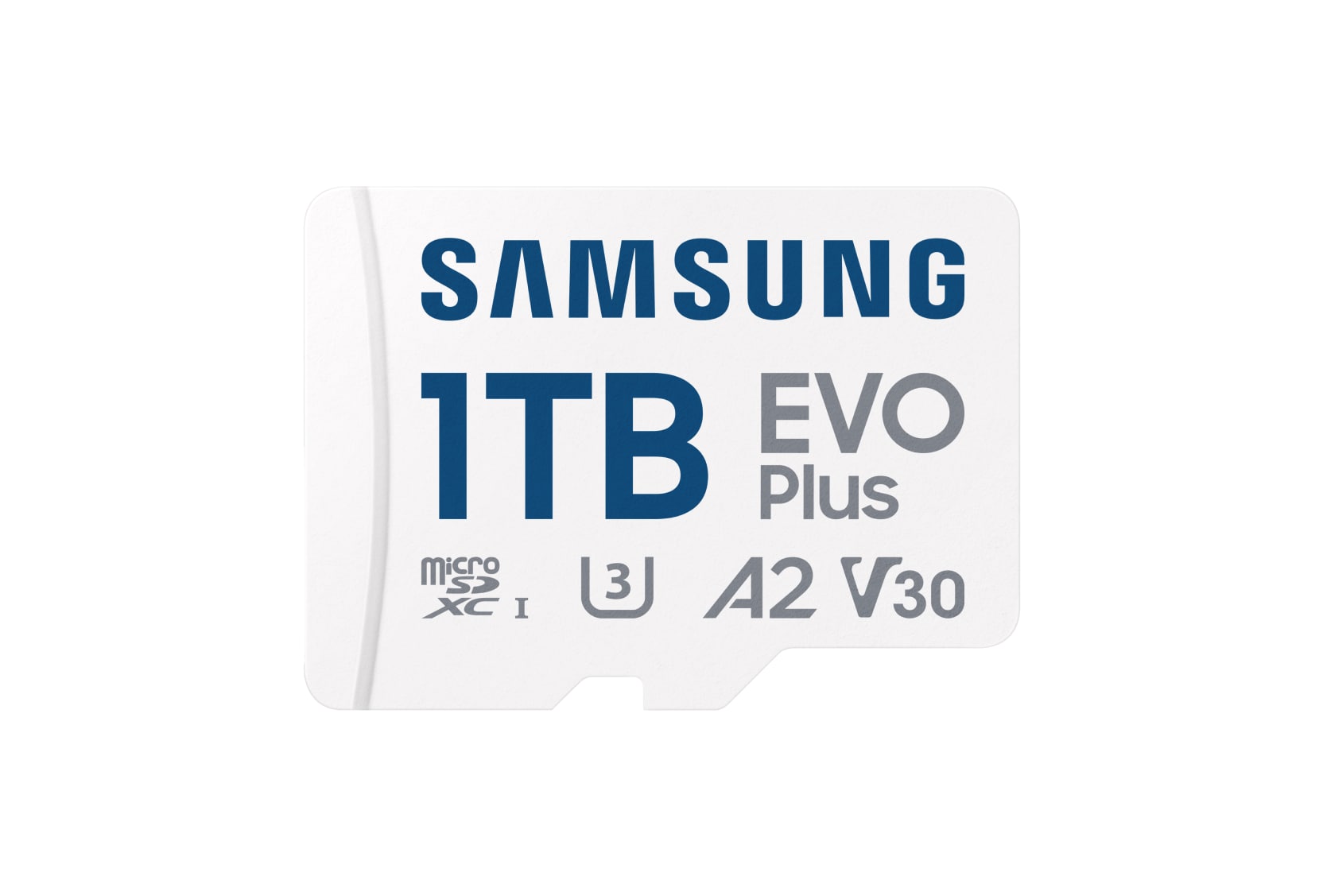 Samsung 1TB EVO Plus microSD card in white, displayinh its microSDXC, U3, A2, and V30 specifications.