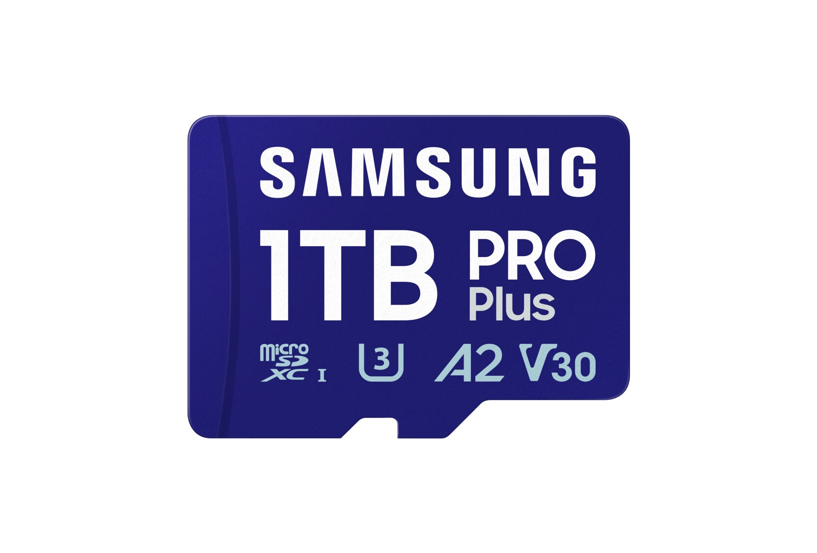 Samsung 1TB PRO Plus microSD card  in navy blue, displaying its microSDXC, U3, A2, and V30 specifications.