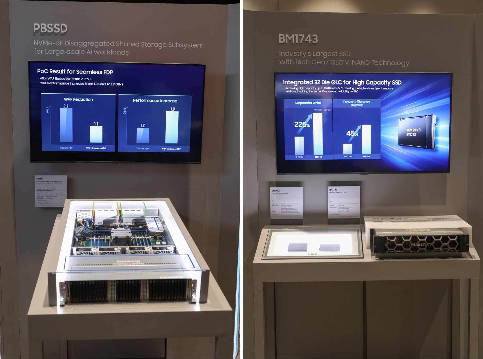 A side-by-side showcase of Samsung’s PBSSD with a hardware model and AI performance graphs, and the BM1743 SSD highlighting its capacity and efficiency.