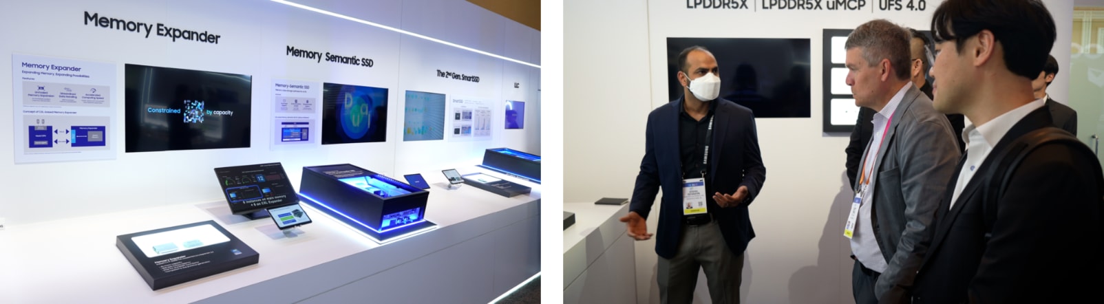 (Left) Samsung’s Memory Expanders are on display showing how they can easily increase server memory capacities to meet growing high-tech uses. (Right) Samsung Semiconductor representative explains the technology behind Samsung’s cutting-edge DDR5 module to visitors.