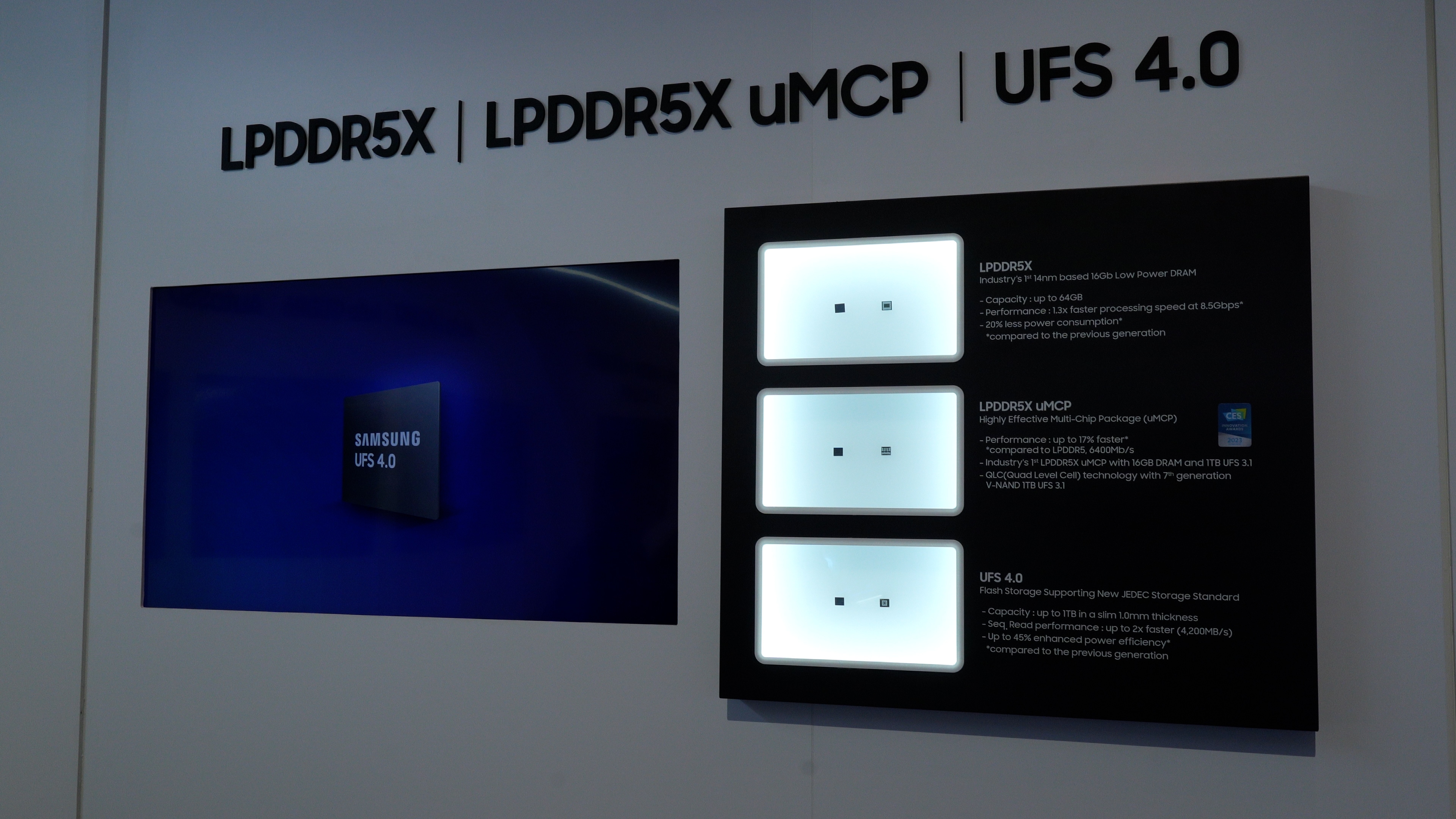 Samsung’s LPDDR5X, uMCP and UFS 4.0 technologies are showcased, detailing their improved performances in small form factors.