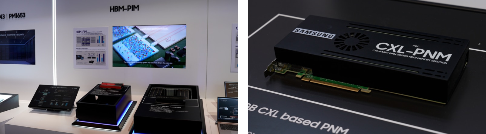 (Left) HBM-PIM technology is shown, detailing their impressive 50% energy reduction and improved performance compared to technology without PIM.  (Right) The CXL-PNM technology is shown in its designed use-case for expanding memory capacity for servers utilizing the CXL interface.  
