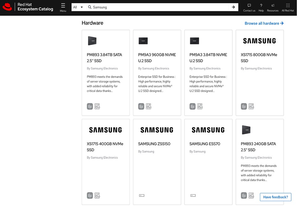 Samsung memory products registered in the Red Hat Ecosystem Catalog
