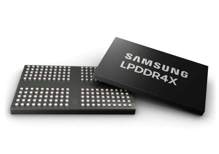 Front view of Samsung LPDDR4X is laid on top of back view of Samsung LPDDR4X