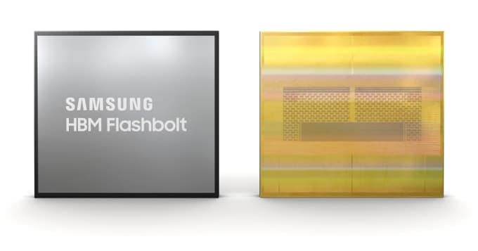 삼성전자 3세대 16GB HBM2E D램 ‘플래시볼트’의 앞뒤를 가로로 배치한 이미지입니다. 