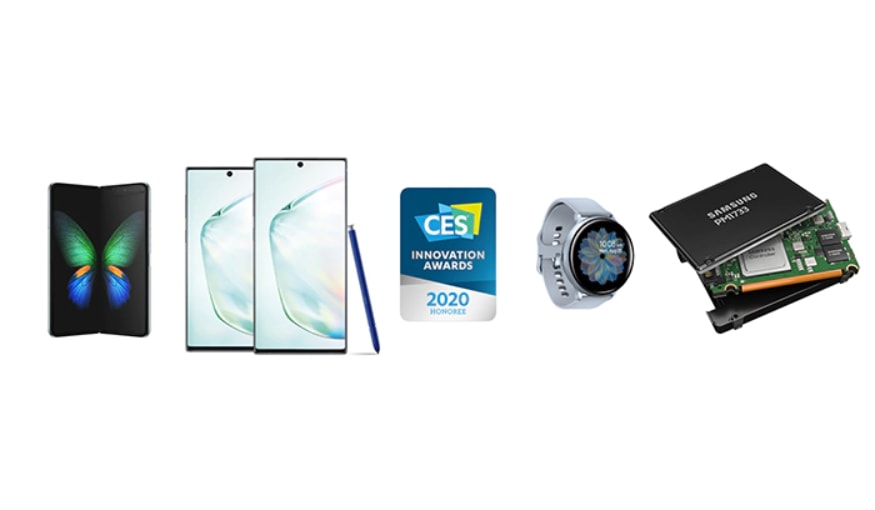 Samsung’s CES 2020 Innovation award-winning products; Samsung Galaxy Fold, Samsung Galaxy Note10, 10+ 5G, Galaxy Watch Active2, Samsung PM1733."