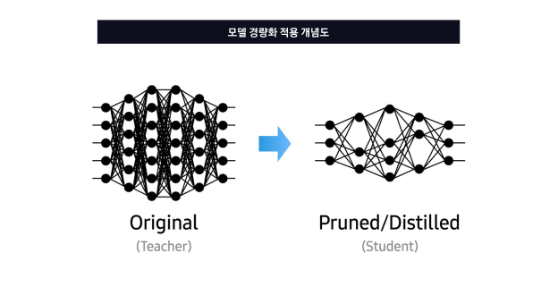 모델 경량화 적용 개념도로, 원래의 큰 신경망이 가지치기/지식 증류를 통해 더 작은 모델로 변환되는 과정을 보여줍니다.