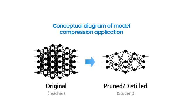 Diagram illustrating model compression, showing a large original neural network being transformed into a smaller, pruned/distilled model.