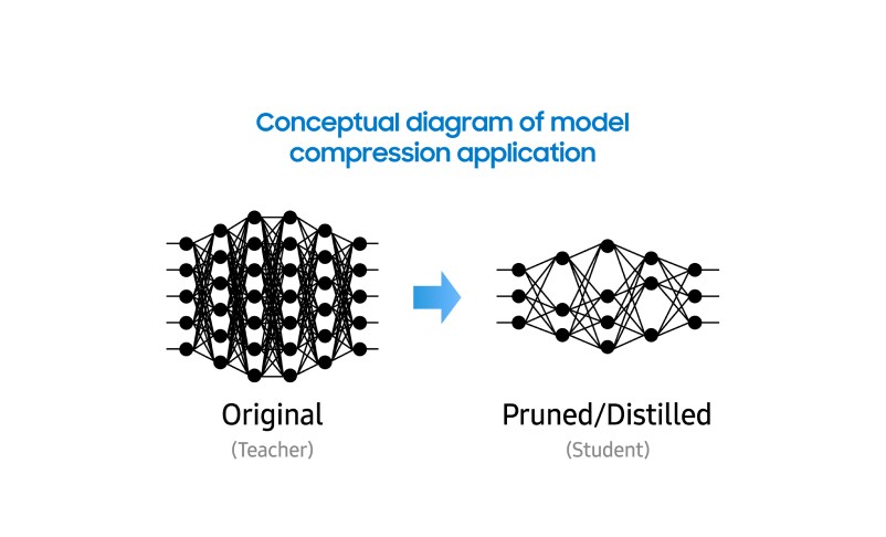 Diagram illustrating model compression, showing a large original neural network being transformed into a smaller, pruned/distilled model.