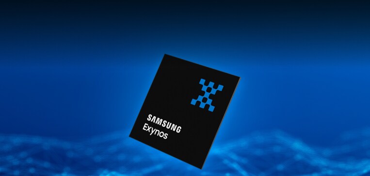 Samsung Exynos chip on a blue, networked background.