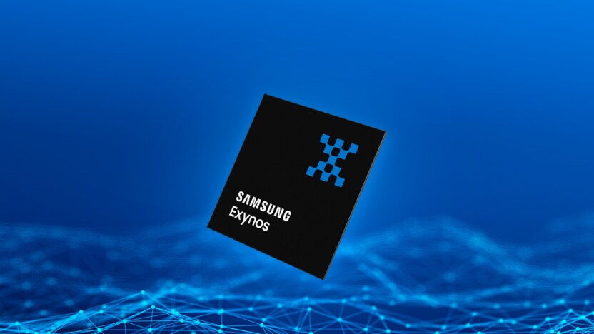 Samsung Exynos chip on a blue, networked background.