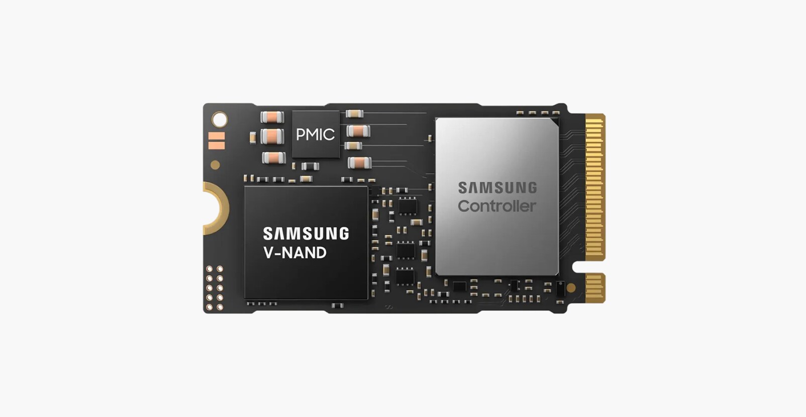 Close-up of a Samsung NVMe SSD module showing V-NAND flash memory and Samsung controller on a black PCB