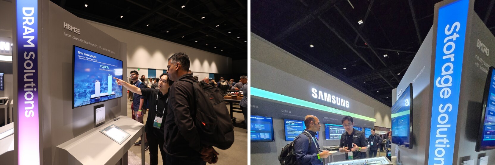 Samsung’s exhibition featuring DRAM and Storage Solutions, attracting interest with technology demos and real-time performance insights.