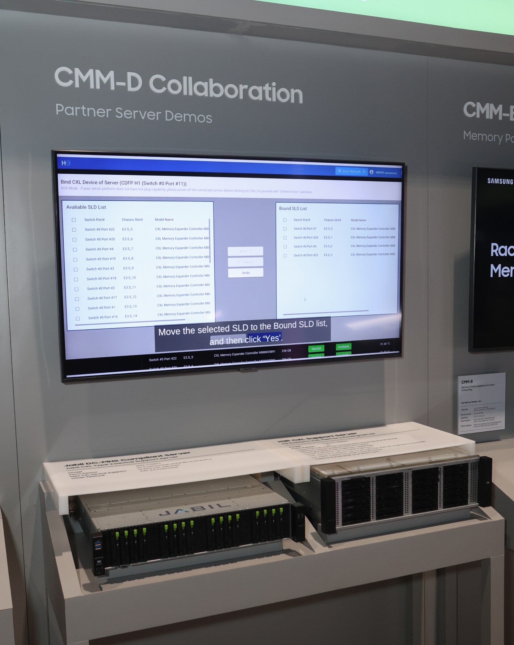 Samsung’s CMM-D Collaboration display, showcasing a partner server demo with a screen interface for managing and binding CXL devices.