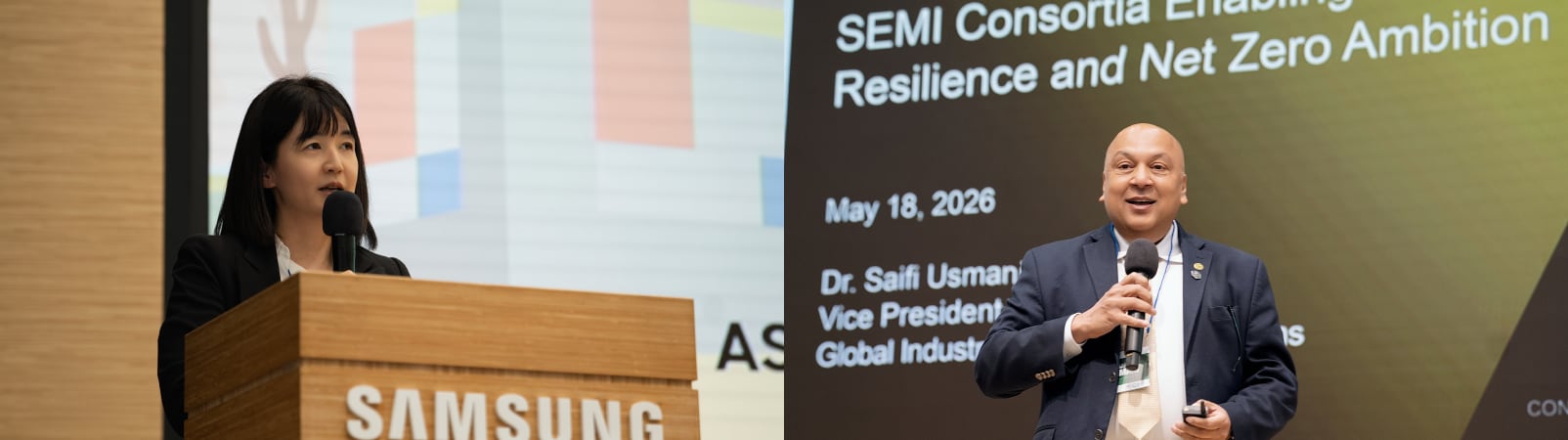 (좌) 단상 위에서 오프닝 연설을 하는 김경아 상무 / (우) 'Resilience and Net Zero' 스크린 앞에서 특별 강연을 하는 SEMI의 Saifi Usmani VP.
