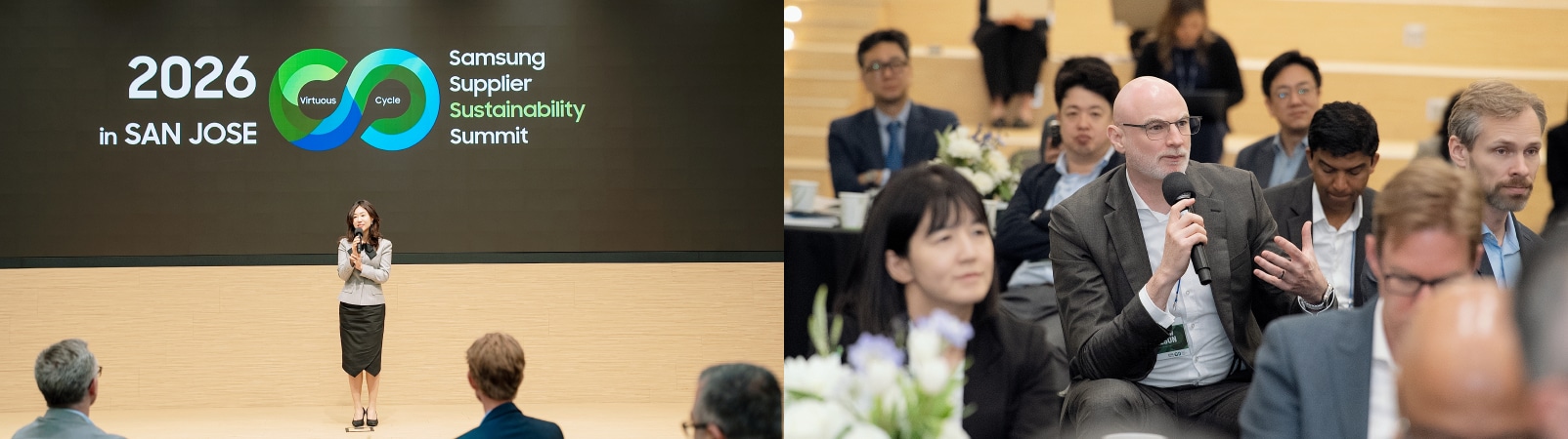 (좌) 대형 백드롭 스크린 앞에서 클로징 스피치를 하는 박진영 부사장 / (우) 객석에서 마이크를 잡고 질문 및 의견을 제시하는 협력사 관계자.