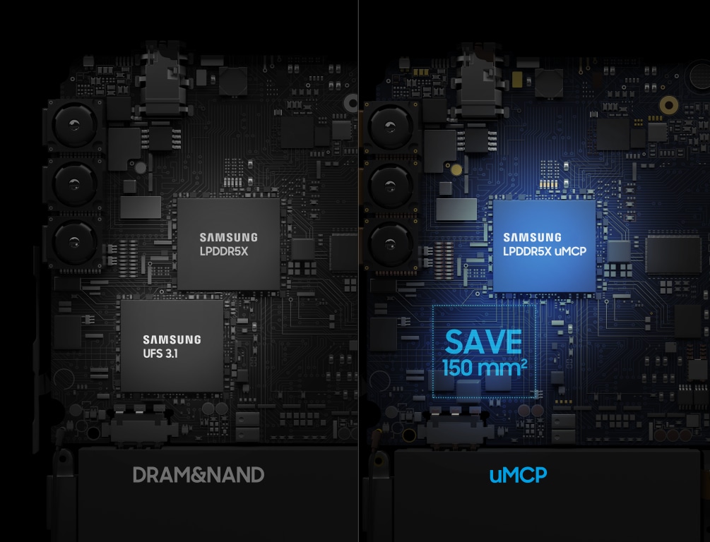 Samsung LPDDR5X uMCP is a multi-chip package that combines DRAM and NAND flash into one.