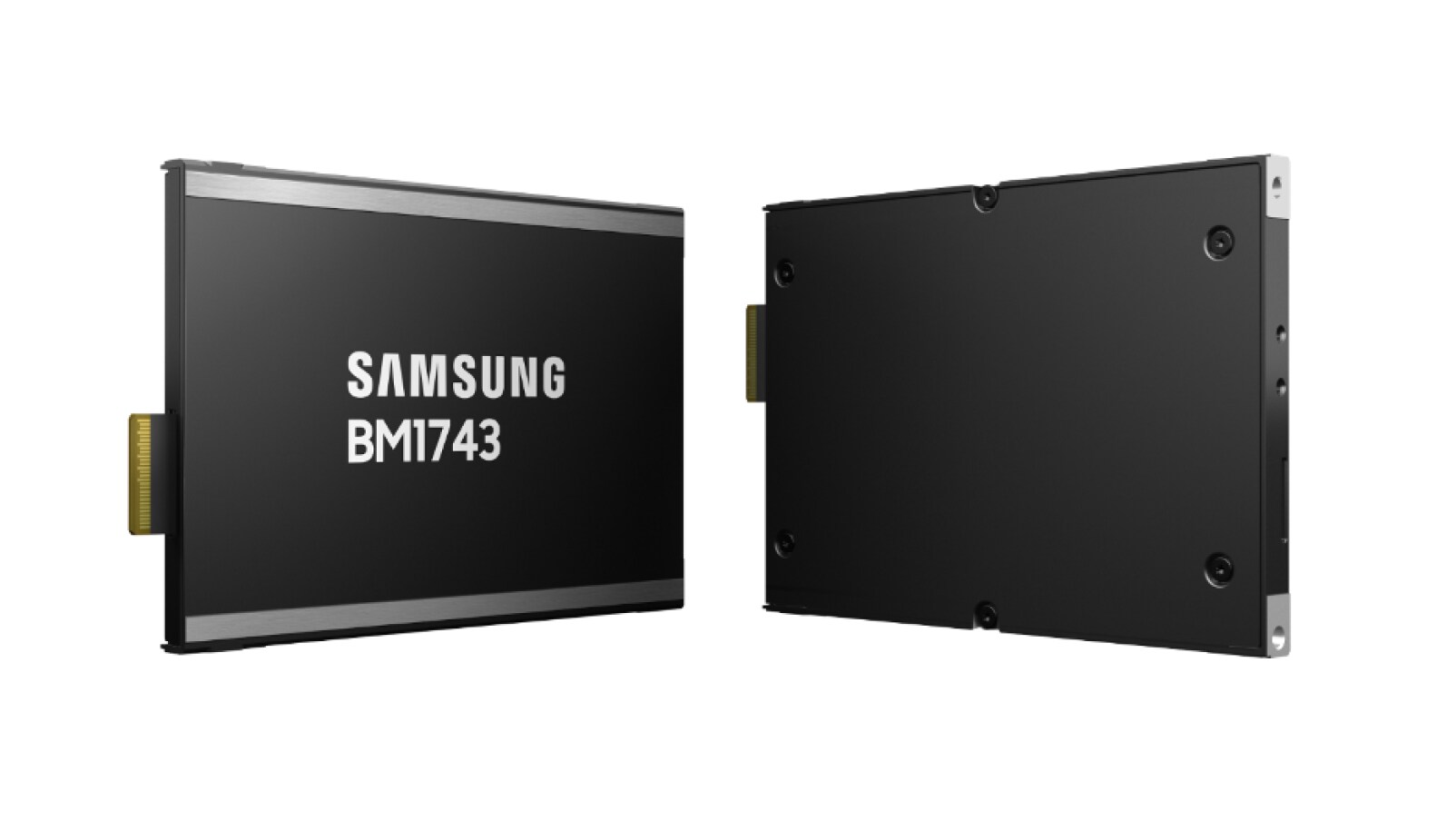 An image of the Samsung BM1743 SSD in the E.3S form factor, displaying the front and back side views.