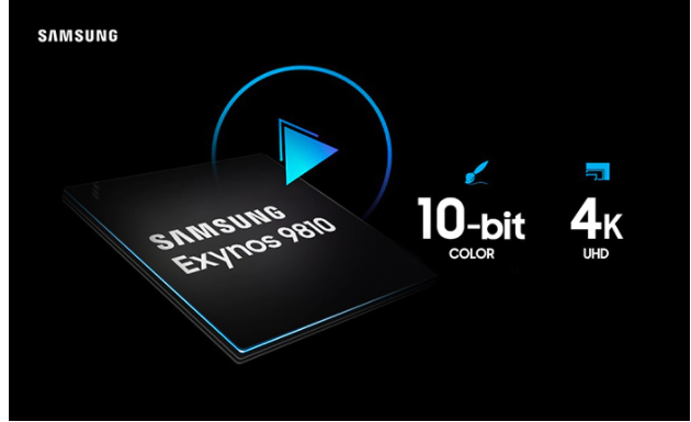 Exynos 9 Series (9810) processor with icons; video play button, 10-bit COLOR, 4K UHD