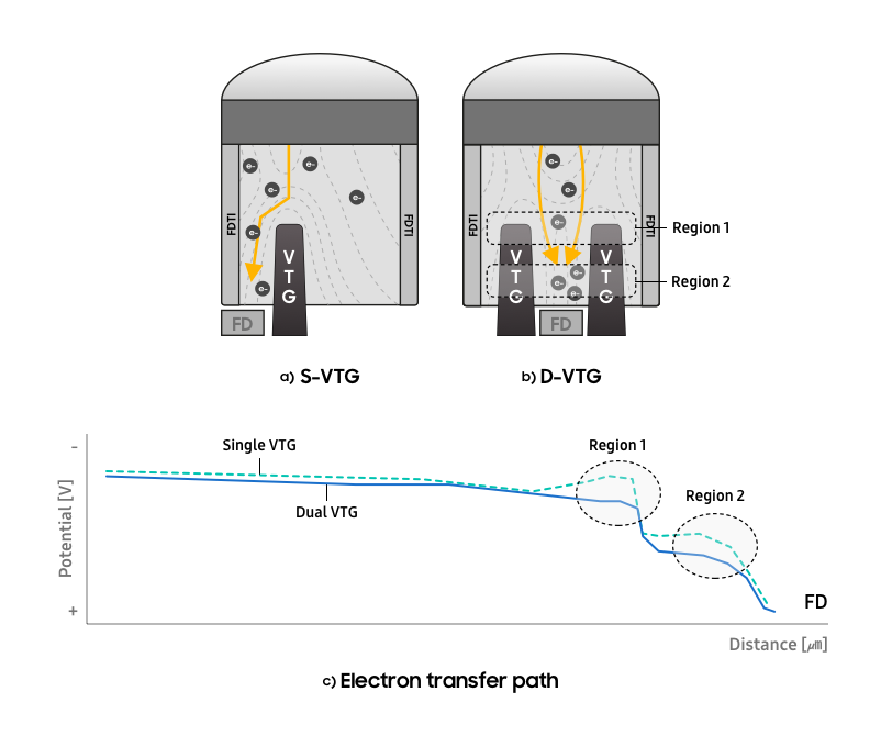 그림 1. S-VTG (a) 및 D-VTG (b)의 전위 프로파일. 전자 전달 경로(c)