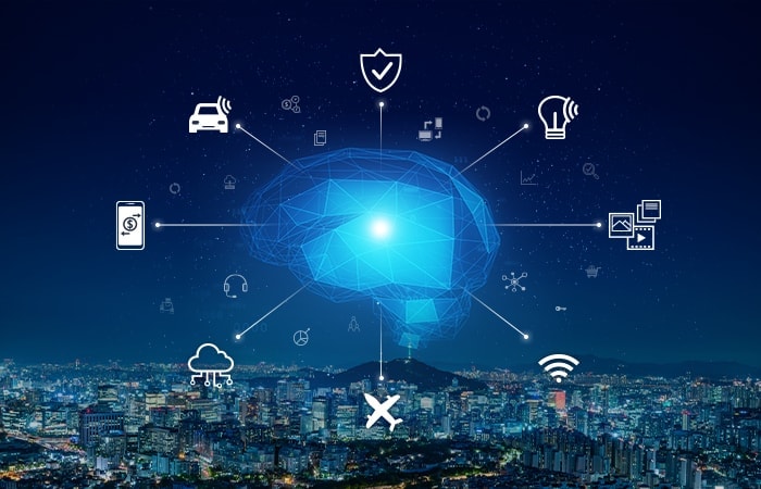 An illustrative image of AI technology in people's daily life. Various symbols of AI powered capabilities are connected with an abstract image of a brain.