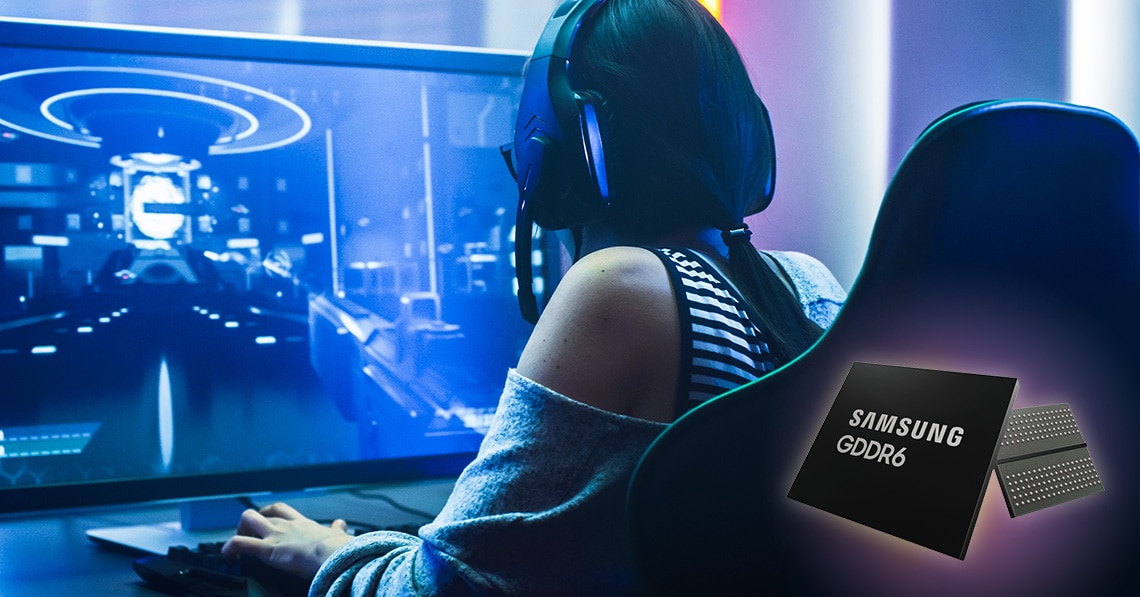 There is Samsung GDDR6 in the image of a woman playing computer games.