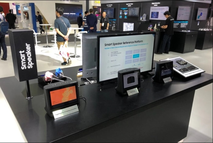 The smart speaker reference platform stand, part of the Samsung experience zone, waits ready for MWCS visitors to experiment with its features – including voice & face recognition as well as personal assistant capabilities
