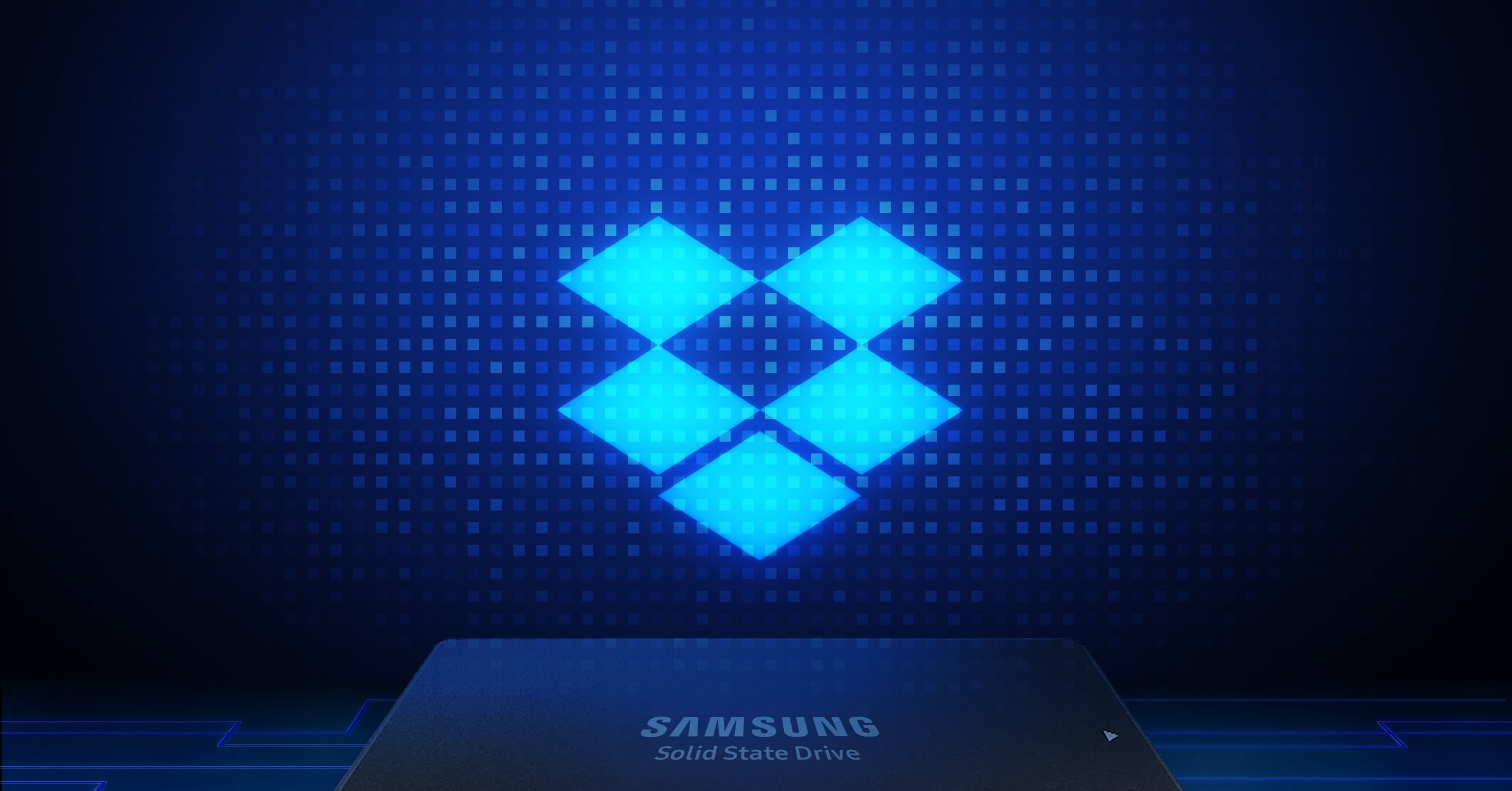 Dropbox logo shining on Samsung SSD products