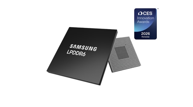 SAMSUNG LPDDR6’ 문구가 있는 검은 칩과 다른 칩이 함께 놓여 있으며, CES 2026 혁신상 배지가 보인다.