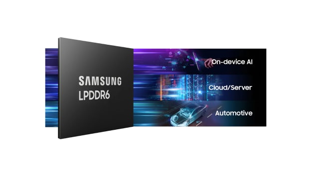 ‘SAMSUNG LPDDR6’이 적힌 칩과 함께, On-device AI·Cloud/Server·Automotive라는 문구가 보이는 그래픽.