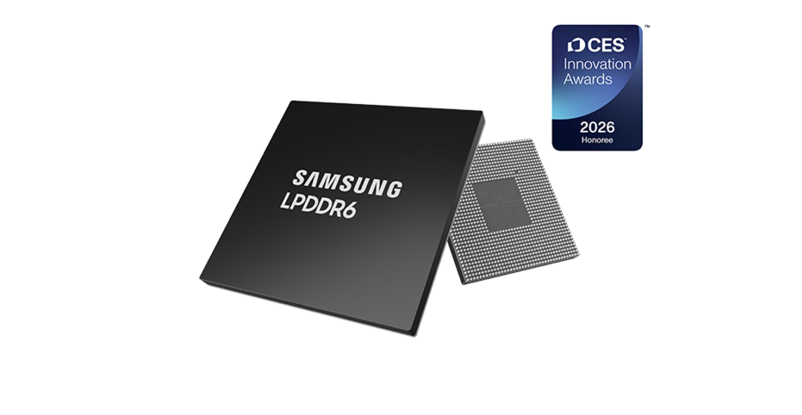 SAMSUNG LPDDR6’ 문구가 있는 검은 칩과 다른 칩이 함께 놓여 있으며, CES 2026 혁신상 배지가 보인다.