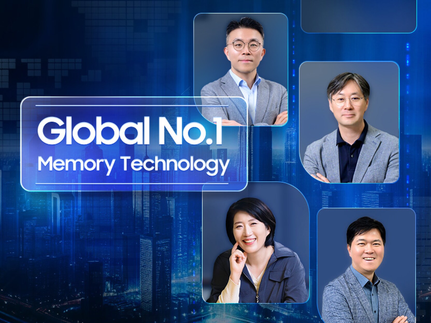 Four smiling Samsung executives, Seungwan Hong, Jay Hyun, Eunkyung Kim, and Jiho Cho, displayed alongside the phrase "Global No.1 Memory Technology".	