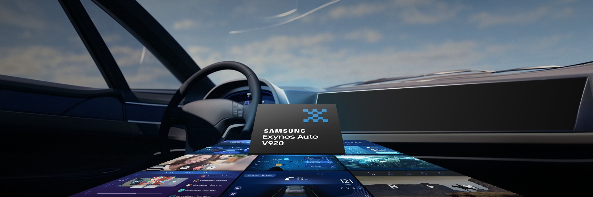 The Samsung Exynos Auto V920 product is positioned centrally in front of the circuit board image.