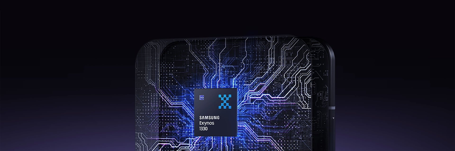 There is a blue indirect light shining behind the Exynos 1330 chip, and there is an image of several lines connected together on the main board around the lighting to represent the uplifted performance of the Exynos 1330