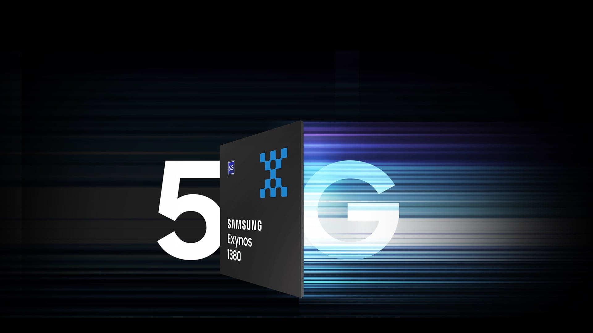 Exynos 1380 chip leaving an afterimage coming from the left and 5G letter to highlight the 5G speed thanks to the Exynos 1380's modem