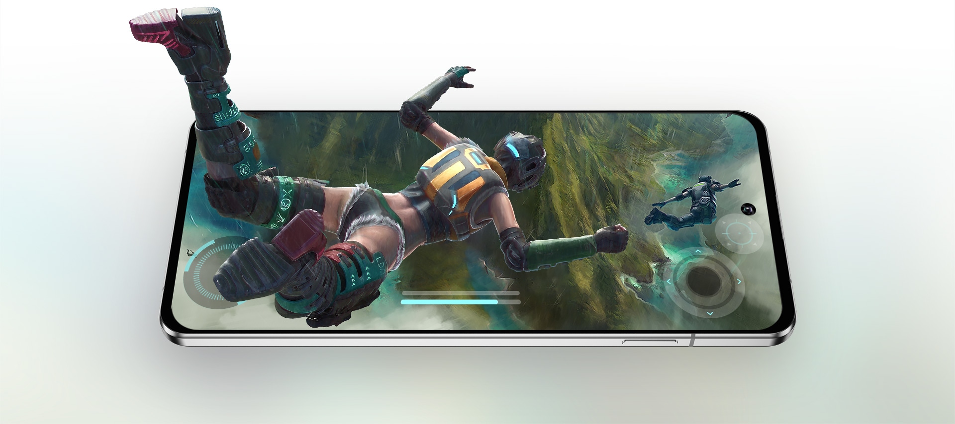 a woman with armed suit is flying into the screen of a smartphone to represent the gaming performance thanks to the Exynos 1380's GPU