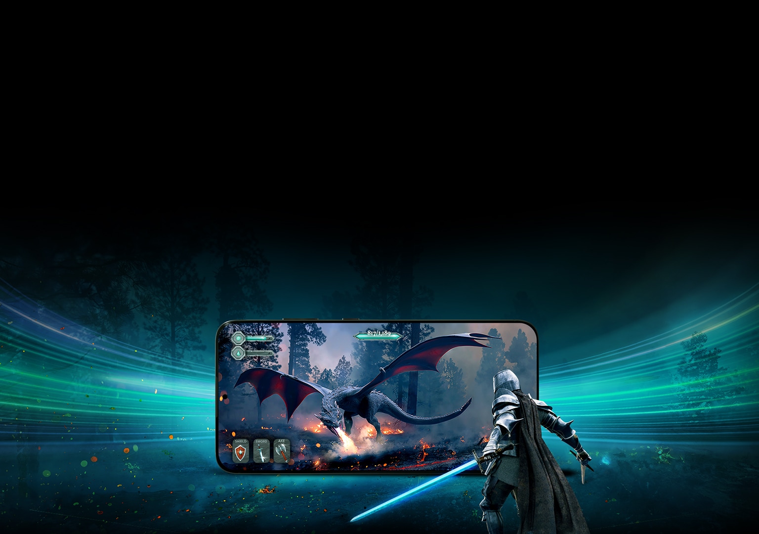 A knight with a glowing sword faces a massive dragon on a smartphone screen.