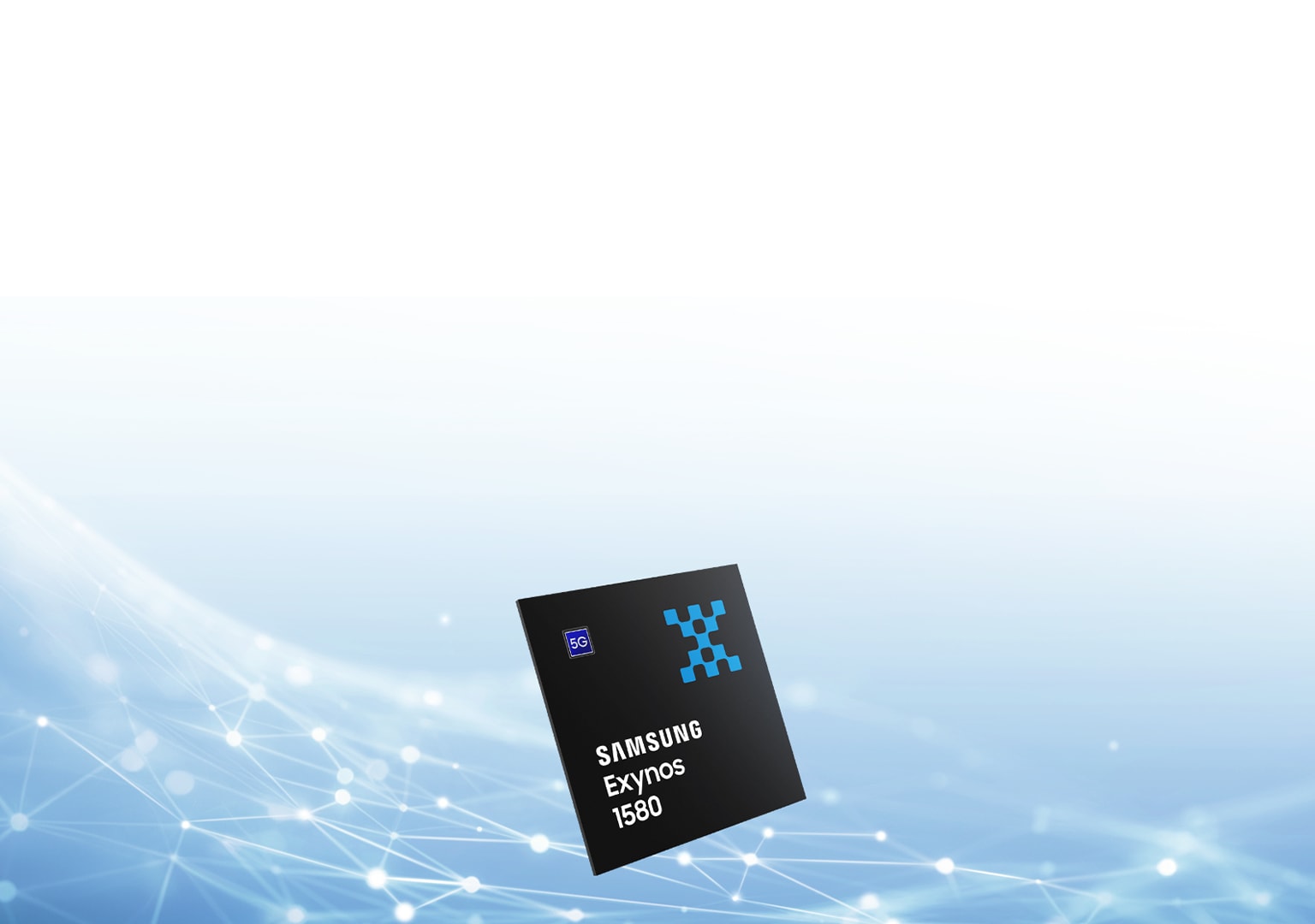 A Samsung Exynos 1580 chip is displayed against a futuristic, digital background with blue network lines.