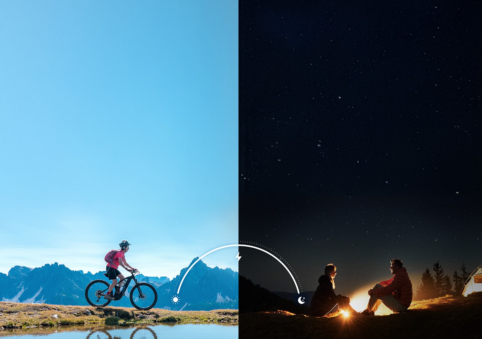 A split image showing a cyclist during the day and two people by a campfire at night, illustrating the smartphone’s long-lasting battery life from morning to night.