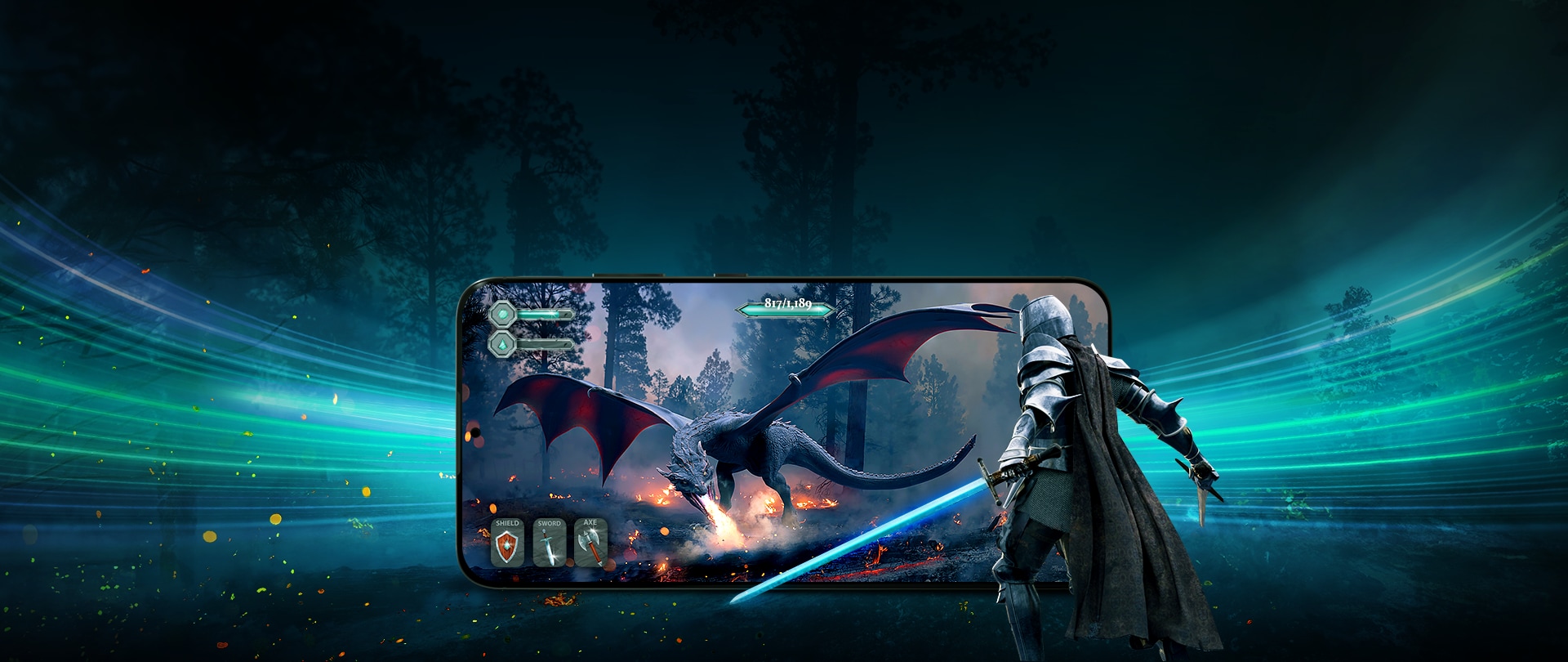 A knight with a glowing sword faces a massive dragon on a smartphone screen.