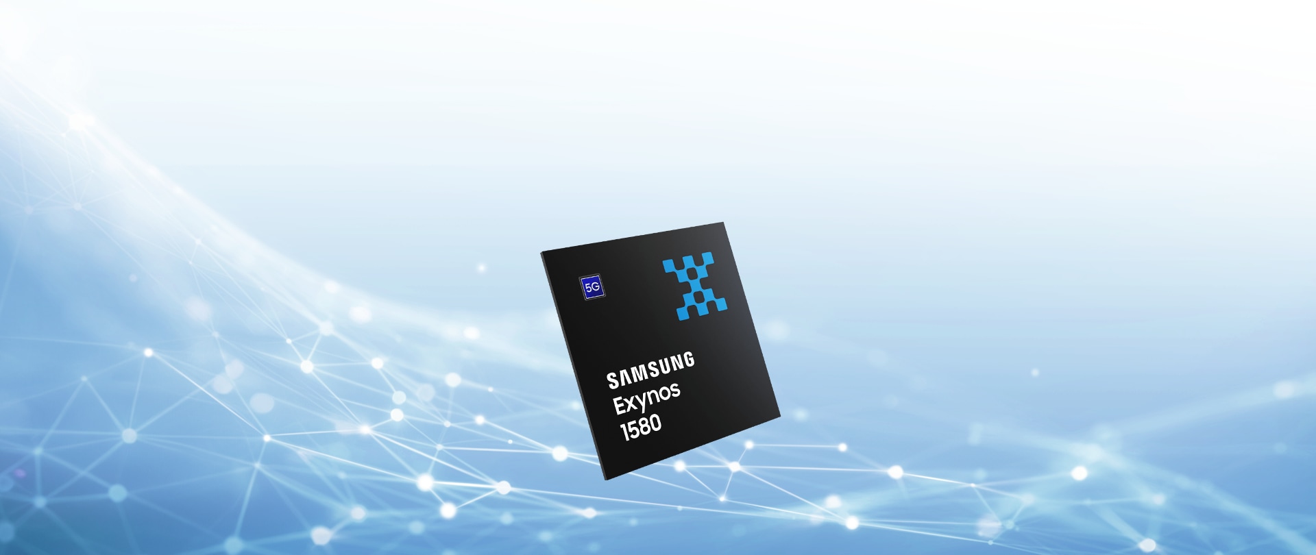 A Samsung Exynos 1580 chip is displayed against a futuristic, digital background with blue network lines.