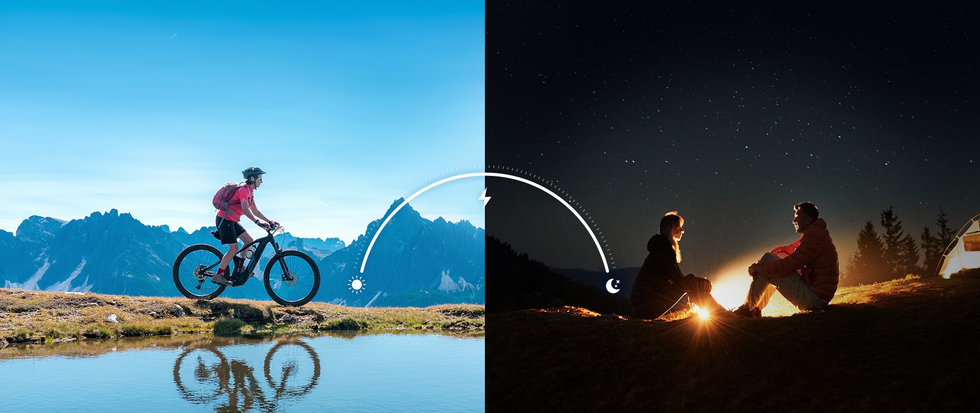 A split image showing a cyclist during the day and two people by a campfire at night, illustrating the smartphone’s long-lasting battery life from morning to night.