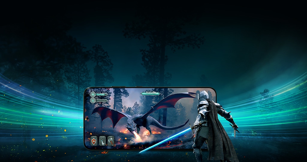 A knight with a glowing sword faces a massive dragon on a smartphone screen.