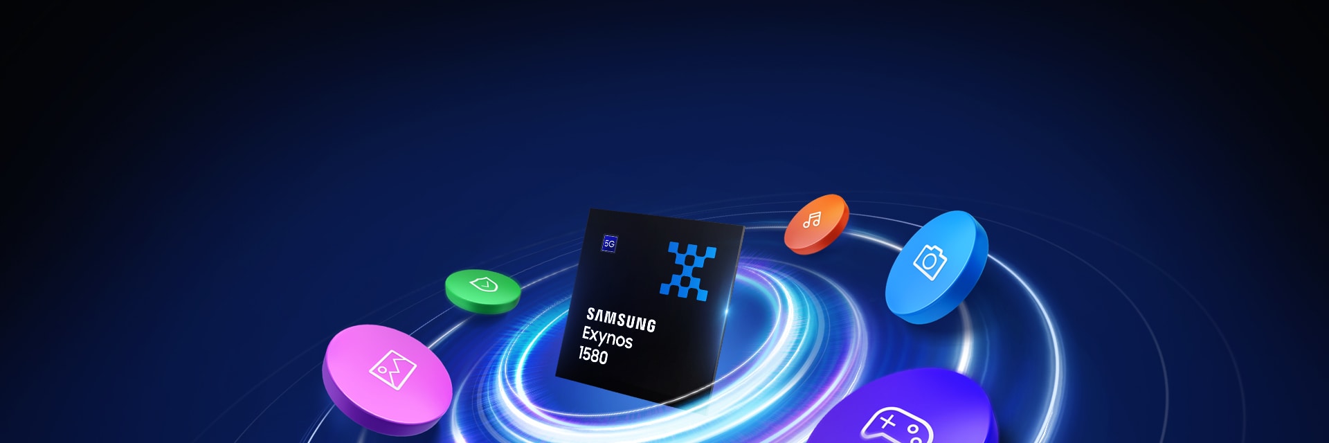 三星Exynos 1580芯片处在光芒闪耀的漩涡正中心处，周边被五颜六色的图标环绕。