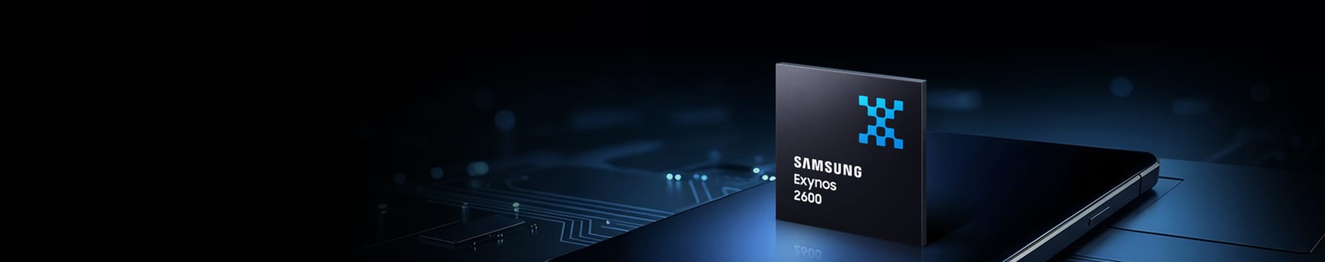 Image of the Samsung Exynos 2600 chipset positioned on a smartphone, representing next-generation mobile processing and on-device AI performance