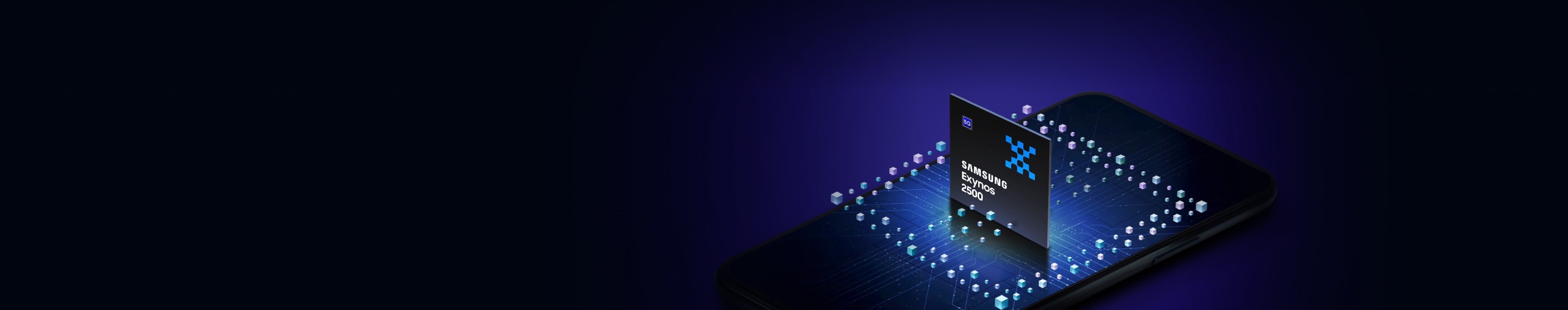 스마트폰 위에 디지털 회로 배경과 데이터 큐브가 떠 있는 삼성 Exynos 2500 칩 이미지.