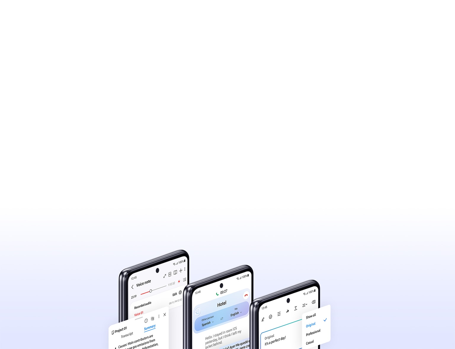 Three smartphones displaying Samsung AI features including voice note transcription, real-time translation, and writing style suggestions.