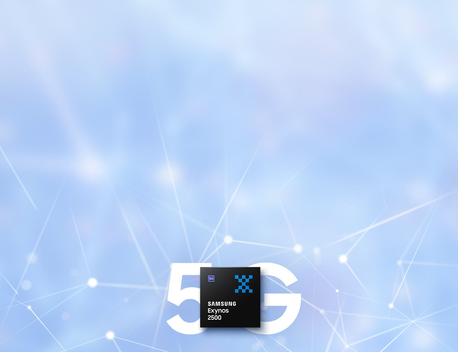 삼성 엑시노스 2500이 큼직한 흰색 "5G" 글자 앞에 눈에 띄게 배치되어 있으며, 배경은 고속 연결을 상징하는 디지털 네트워크 패턴으로 구성되어 있다.